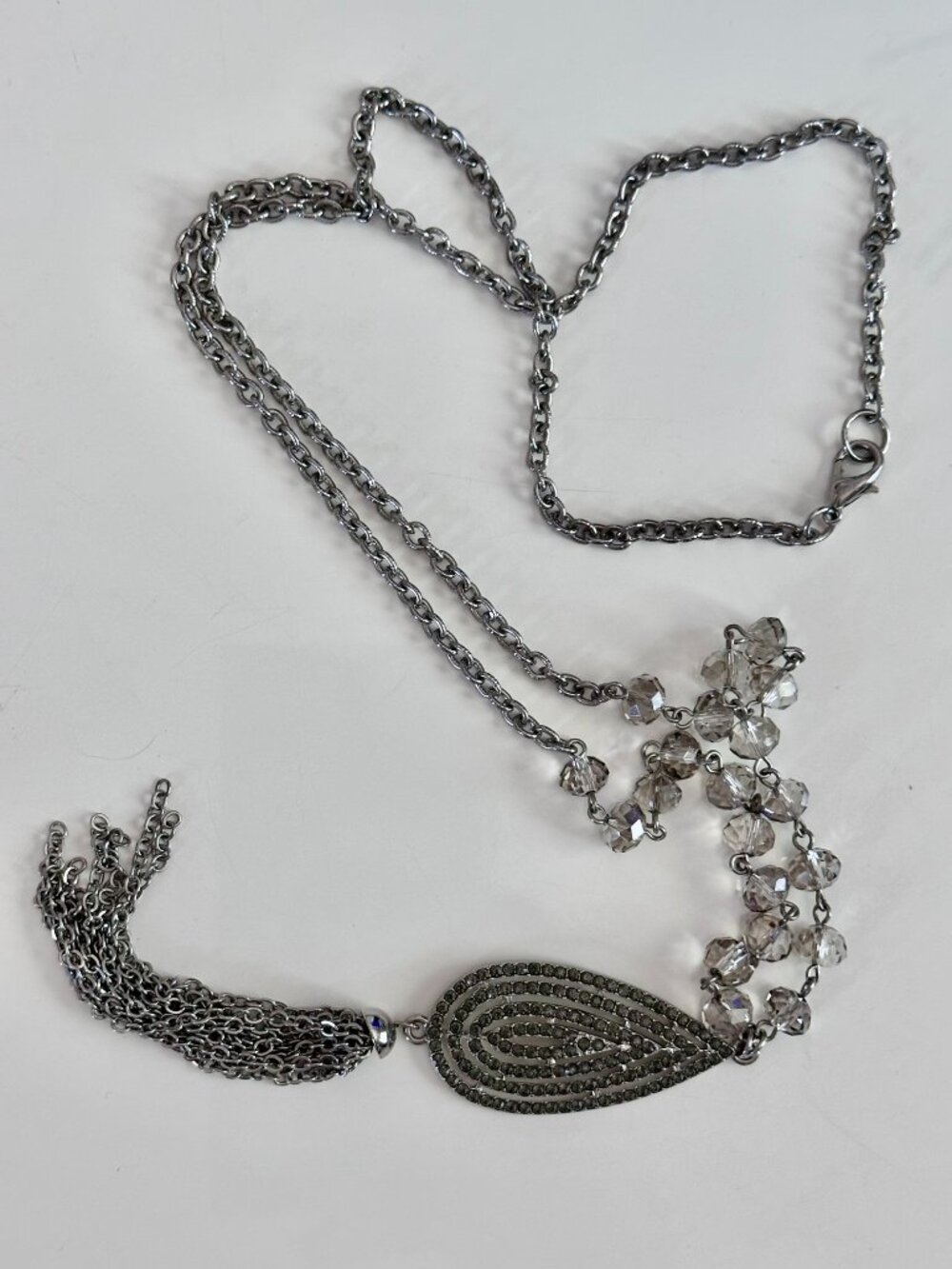 Silver Tone Crystal Style Bead Drop Pendant Tassel Statement Necklace